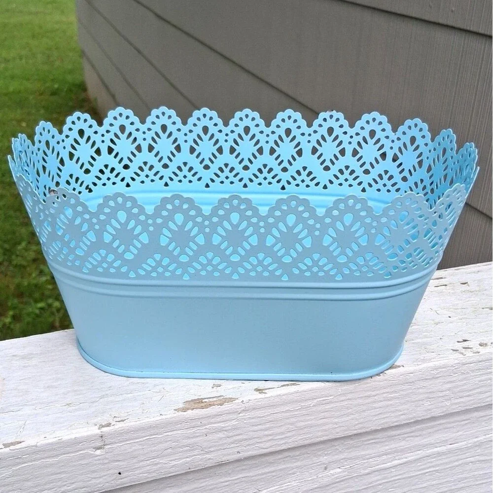 370 Baby Blue Decorative Metal Oval Basket Scalloped Lace Trim Home Decor